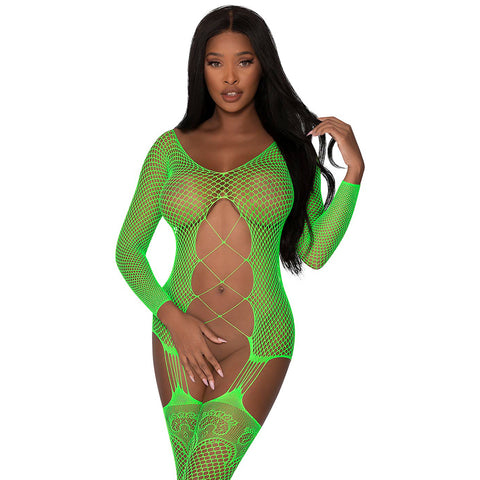 Fishnet Gartered Catsuit Lime One Size