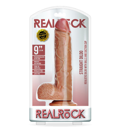 Straight Realistic Dildo With Balls And Suction Cup 9 inch Tan