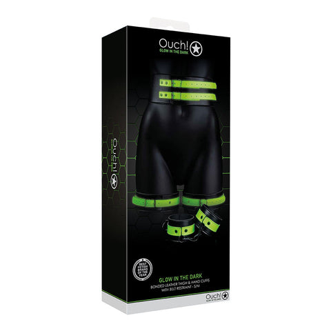 Ouch! Thigh Cuffs With Belt And Handcuffs Glow In The Dark S/M