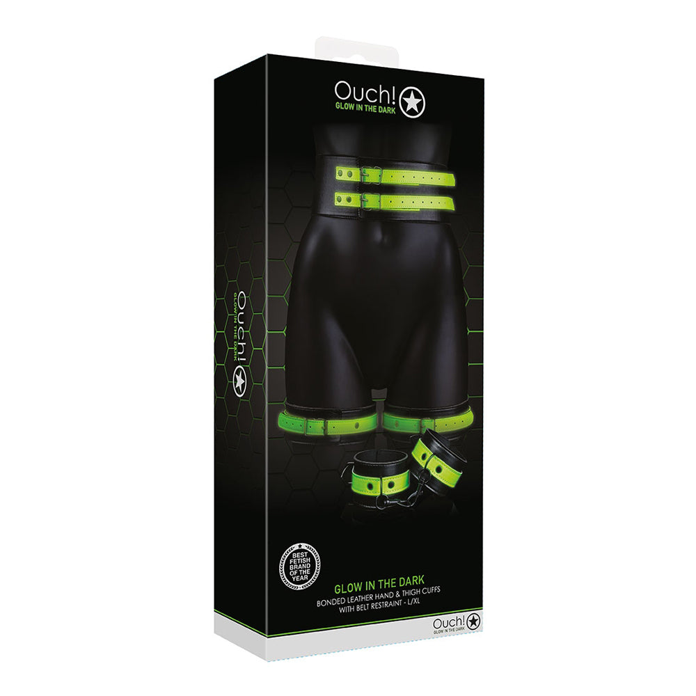 Ouch! Thigh Cuffs With Belt And Handcuffs Glow In The Dark L/Xl