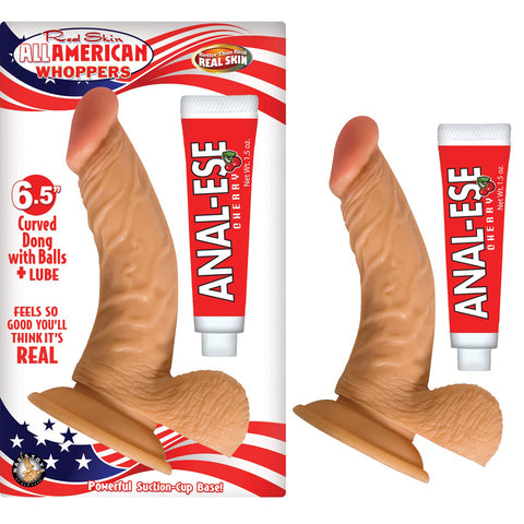 All American Whoppers 6.5 Inch Curved Dong W/Balls & Lube Flesh