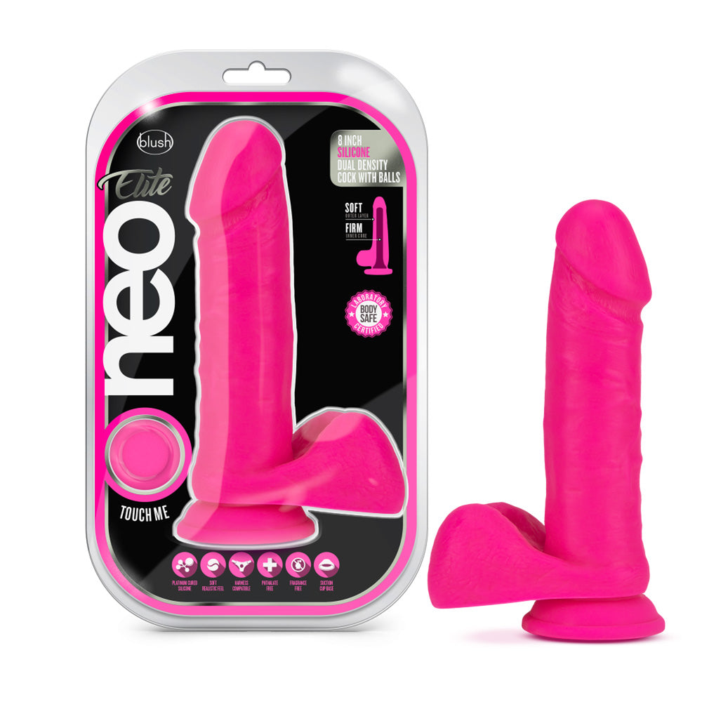 Neo Elite 8 inch Silicone Dual Density Cock With Balls Neon Pink