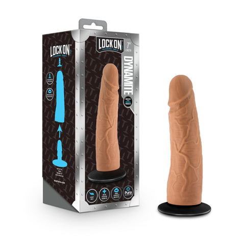 Lock On Dynamite 7 inch Dildo With Suction Cup Adapter Mocha