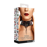 Ouch! Printed Collar With Leash Old School Tattoo Style Black