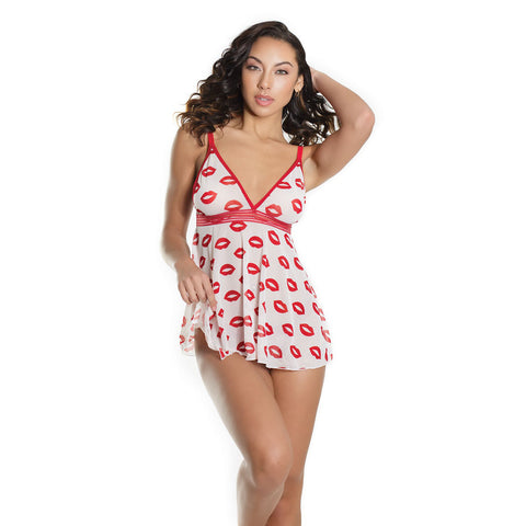 Babydoll & Thong Set White/Red Os