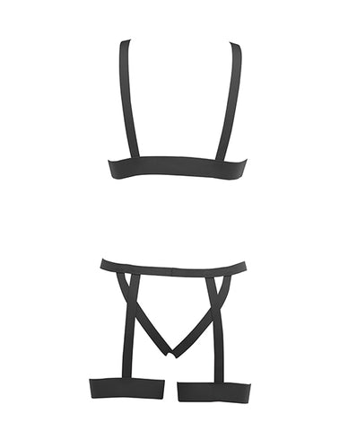 Kitten Teaser Strappy Open Cup Bra & Open Panty W/leg Straps Black O/s
