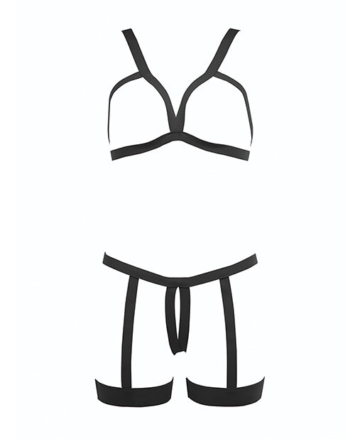 Kitten Teaser Strappy Open Cup Bra & Open Panty W/leg Straps Black O/s