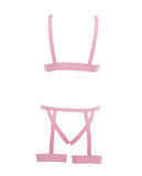 Kitten Teaser Strappy Open Cup Bra & Open Panty W/leg Straps Pink O/s