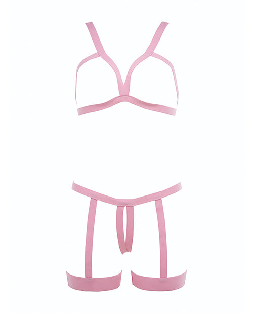Kitten Teaser Strappy Open Cup Bra & Open Panty W/leg Straps Pink O/s