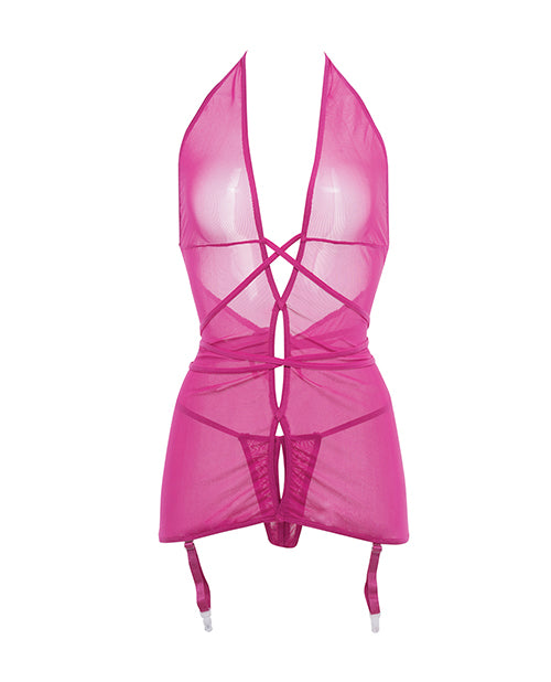 Allure Savannah Sheer Mesh Garter Dress & Open Thong Hot Pink S/m