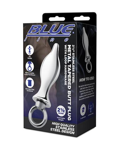 Blue Line 2.5 Inch  Stainless Steal Bling Tapered Butt Plug w/Loop Hardware