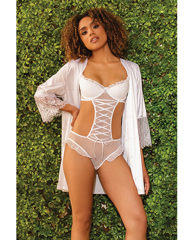 Stretch Mesh Ruffled Crotchless Teddy White Lg