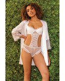 Stretch Mesh Ruffled Crotchless Teddy White Sm