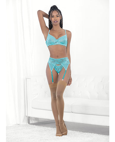 Lace & Mesh Underwire Bra, Garterbelt & G-string Malibu Blue Sm