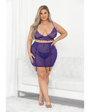 Lace & Mesh Long Line Bra, Garter Skirt & G-string Midnight Purple 1x