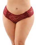 Bottoms Up Magnolia Stretch Lace Crotchless Panty W-ribbon Lace Up Front Garnet Qn