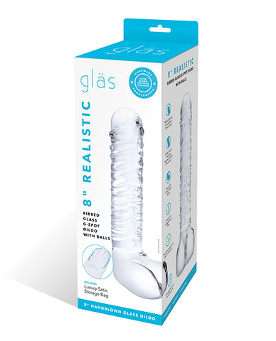 Glas 8 Inch Realistic Ribbed Glass G-spot Dildo W-balls - Clear