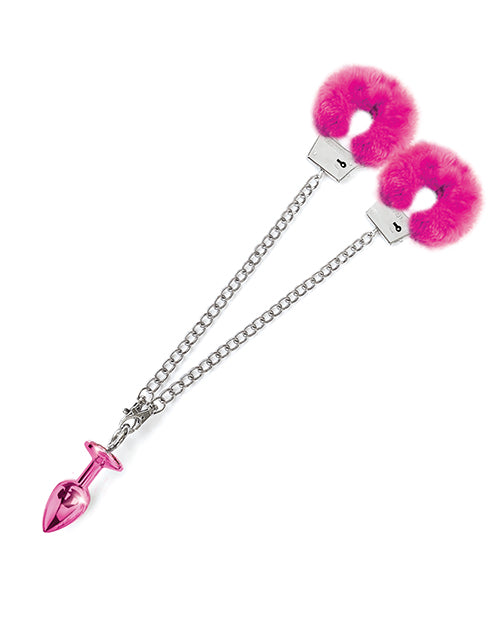 Nixie Metal Butt Plug W-inlaid Jewel & Fur Cuff Set - Pink Metallic