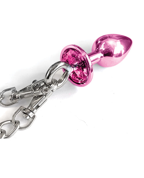 Nixie Metal Butt Plug W-inlaid Jewel & Fur Cuff Set - Pink Metallic