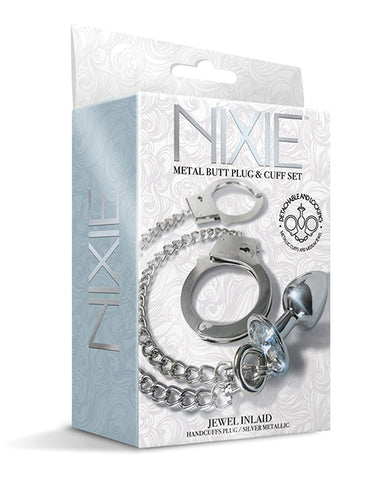 Nixie Metal Butt Plug W-inlaid Jewel & Cuff Set - Silver Metallic