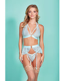 Mercedes Dross Dyed Galloon Lace Strappy Halter Bra, Garter Skirt & G-string Light Blue Xl