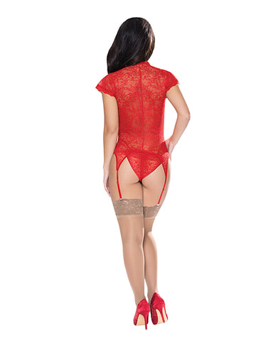 Ooh La Lace Cap Sleeve Basque & Tanga Panty Red S/m