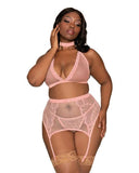 Fishnet & Lace 4pc Set W/ Stretch Velvet Trim Rose Pink Q/s