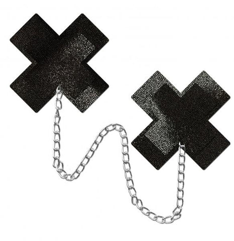 Pastease Chains Liquid Black X Cross W/ Chunky Silver Chain Nipple Pasties