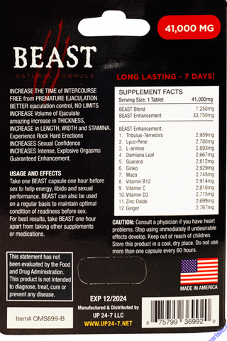 Beast 41000mg Natural Formula Male Enhancement Gold Pill