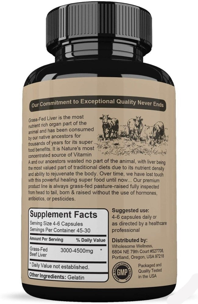 Wholesome Grass Fed Desiccated Beef Liver Capsules 180 Pills 750mg
